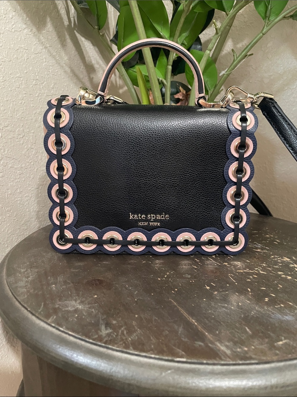 kate spade New York Black Leather Maisie Grommet Crossbody bag